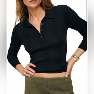 Reformation Black Ribbed Polo Sweater